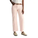A person is wearing light pink wide-leg pants with a brown belt and beige slip-on shoes.