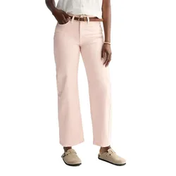 A person is wearing light pink wide-leg pants with a brown belt and beige slip-on shoes.