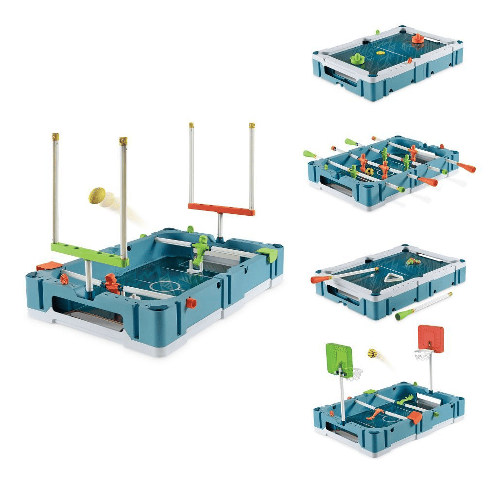 A multi-game tabletop set with modular pieces allows for different games, including basketball, hockey, foosball, and table tennis, all in a compact, versatile design.