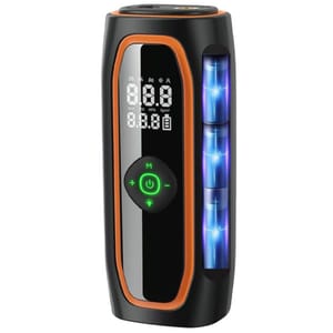 A portable digital air compressor with an LED display and control buttons, designed for inflating tires. It features a futuristic design with a side panel showing a blue pulse effect.