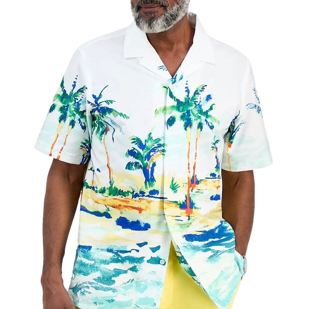 Men's short-sleeve Hawaiian shirt with a colorful beach scene featuring palm trees and ocean waves on a white background.