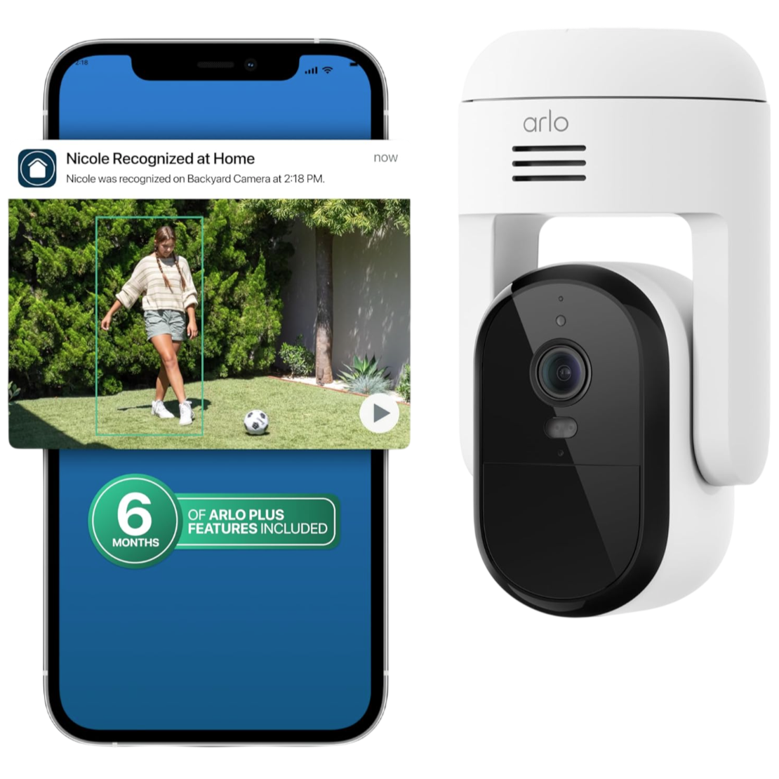 Smartphone displaying a notification from Arlo security camera, showing a person identified as \“Nicole\“ in the backyard. An Arlo security camera is positioned next to the phone with \“6 Months of Arlo Plus Features Included.\“