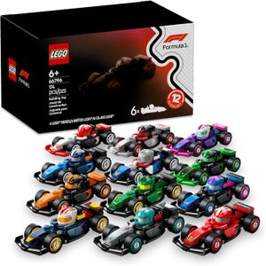 LEGO Formula 1 set featuring 12 collectible mini race cars in various colors, suitable for ages 6 and up, with 174 pieces.