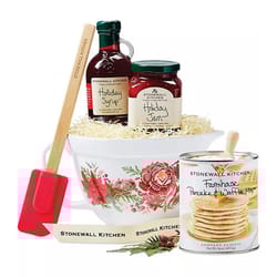 5pc Stonewall Kitchen Batter Bowl Set includes a decorative mixing bowl, red spatula, Farmhouse Pancake & Waffle Mix, Holiday Syrup, and Holiday Jam.
