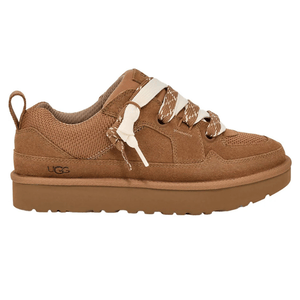 Brown UGG sneaker with a suede and mesh upper, chunky sole, and white-brown patterned laces.