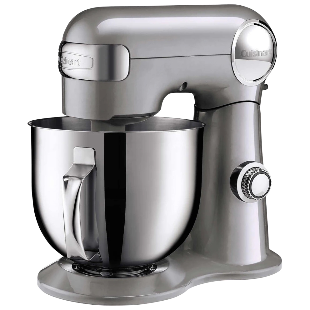 A silver Cuisinart stand mixer with a large stainless steel mixing bowl and a handle. It features a speed control dial on the side.
