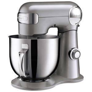 A silver Cuisinart stand mixer with a large stainless steel mixing bowl and a handle. It features a speed control dial on the side.