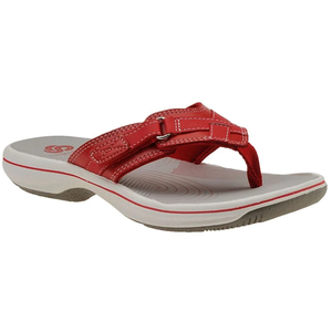Red flip-flop sandal with a thick sole, featuring adjustable straps and visible stitching.