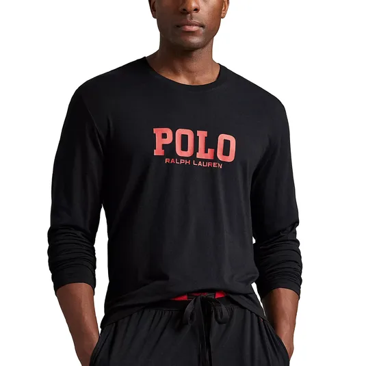A man wearing a black long-sleeve shirt with \“POLO Ralph Lauren\“ printed in red on the front, paired with matching black drawstring pants.