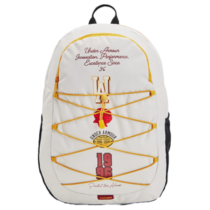 Under Armour white backpack with yellow accents, featuring slogans and designs highlighting innovation and excellence since 1996, and a tagline \“Protect this House.\“