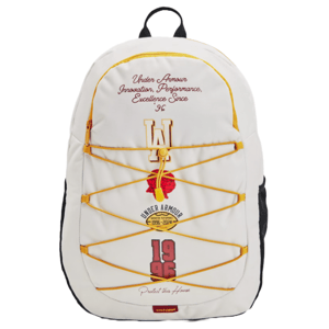 Under Armour white backpack with yellow accents, featuring slogans and designs highlighting innovation and excellence since 1996, and a tagline \“Protect this House.\“