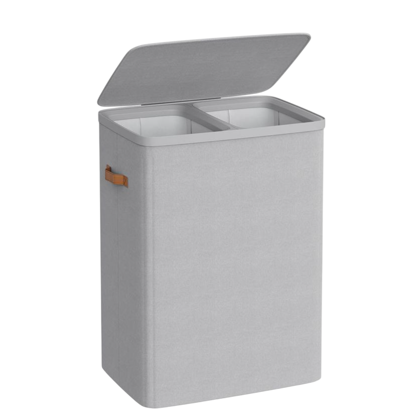 A rectangular, dual-compartment laundry hamper with a hinged lid, light gray fabric exterior, and brown side handles.