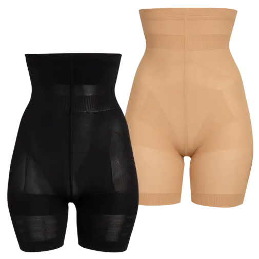 High-waisted shaping shorts in black and nude colors, designed for body contouring and support.