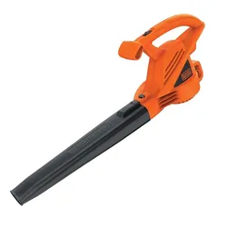 An orange and black handheld leaf blower, likely electric, used for outdoor cleaning.
