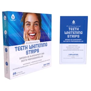Professional Teeth Whitening Strips by Pursonic, featuring 28 strips (14 upper, 14 lower). Promotes whitening and stain removal with non-toxic ingredients.