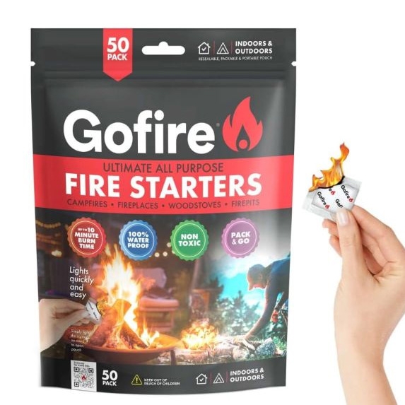Gofire Ultimate All-Purpose Fire Starters, 50-pack, for campfires, fireplaces, woodstoves, and firepits. Features over 10-minute burn time, 100% waterproof, non-toxic, suitable for indoors and outdoors, in a resealable pouch.