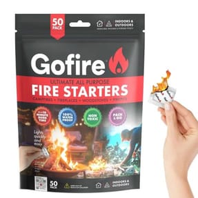 Gofire Ultimate All-Purpose Fire Starters, 50-pack, for campfires, fireplaces, woodstoves, and firepits. Features over 10-minute burn time, 100% waterproof, non-toxic, suitable for indoors and outdoors, in a resealable pouch.