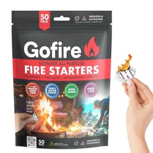 Gofire Ultimate All-Purpose Fire Starters, 50-pack, for campfires, fireplaces, woodstoves, and firepits. Features over 10-minute burn time, 100% waterproof, non-toxic, suitable for indoors and outdoors, in a resealable pouch.