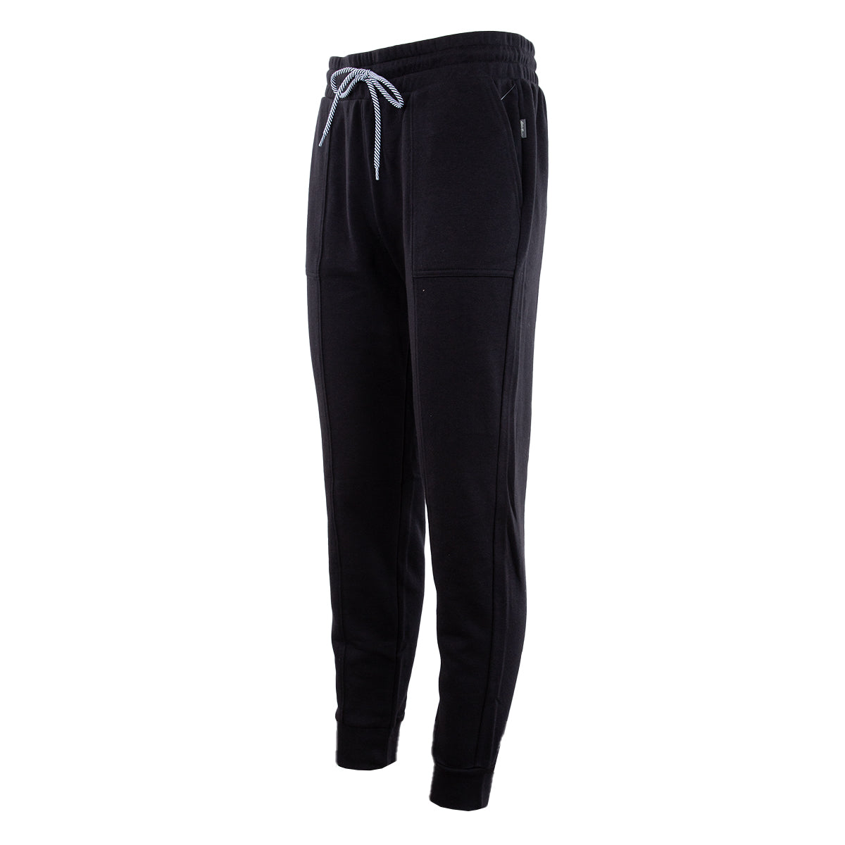Black women's joggers with a white drawstring at the waist and two side pockets.