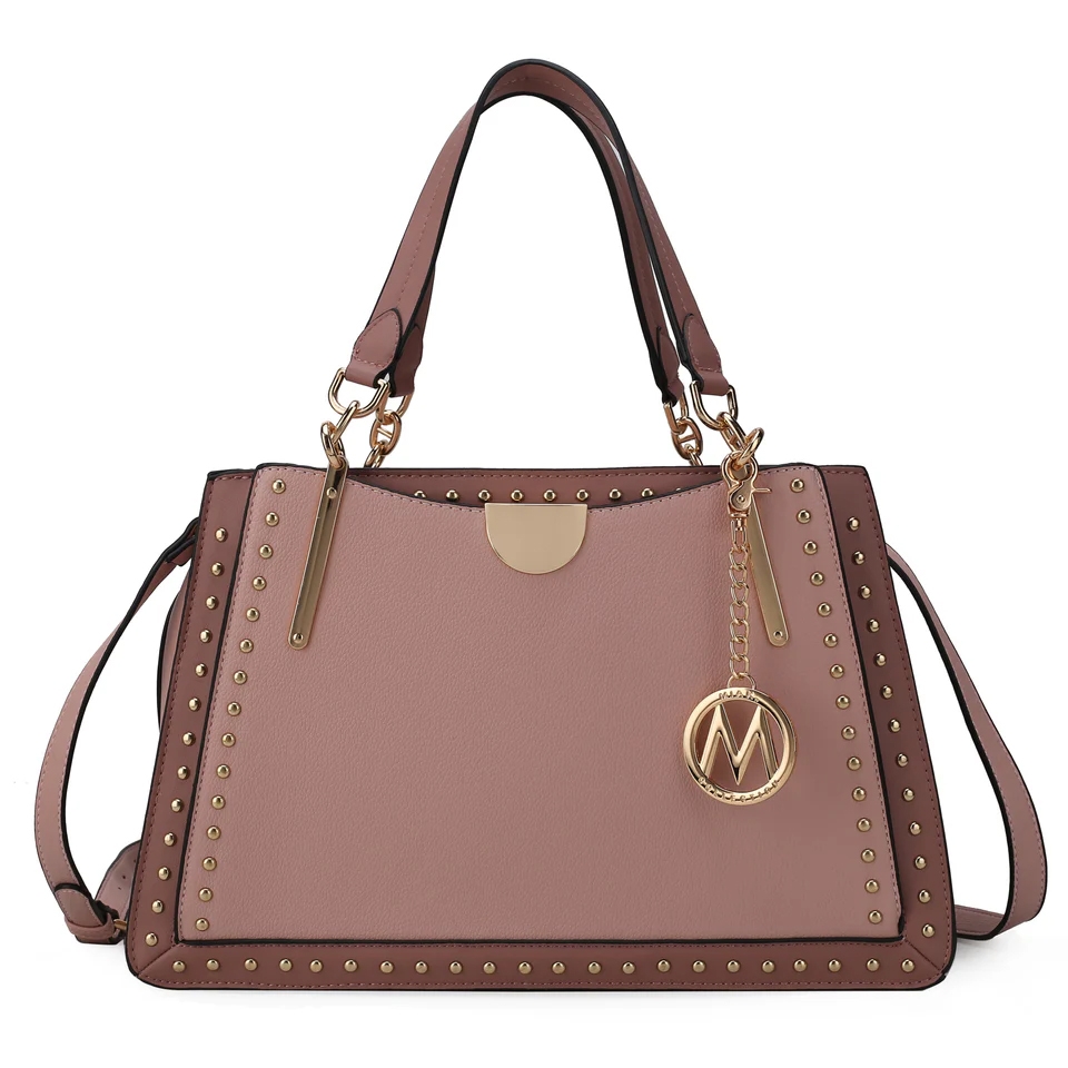 A stylish brown handbag with gold stud accents and a decorative gold charm, featuring dual handles and an optional shoulder strap for versatile carrying options.