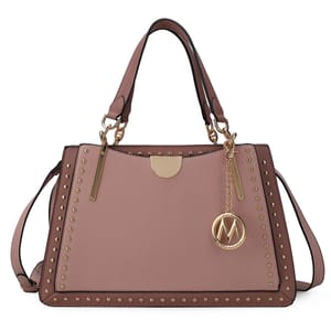 A stylish brown handbag with gold stud accents and a decorative gold charm, featuring dual handles and an optional shoulder strap for versatile carrying options.