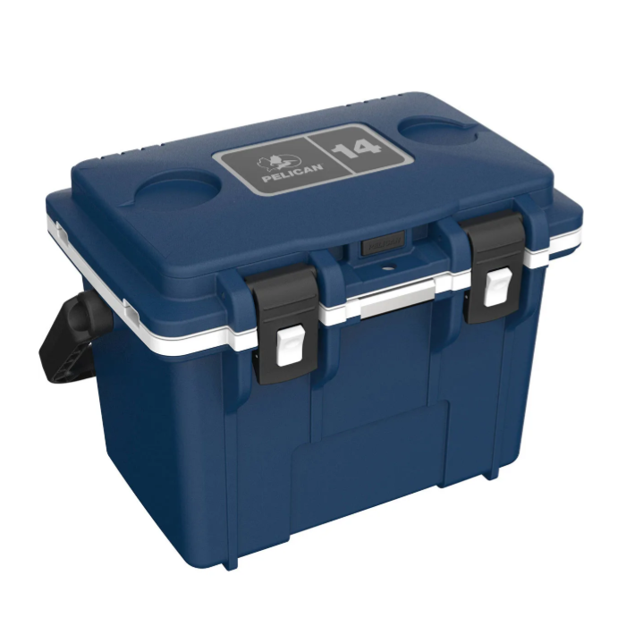 A navy blue Pelican cooler with a top handle, dual black latches, and a white trim. The lid features two recessed cup holders and a label marked \“14.\“