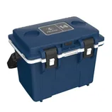 A navy blue Pelican cooler with a top handle, dual black latches, and a white trim. The lid features two recessed cup holders and a label marked \“14.\“