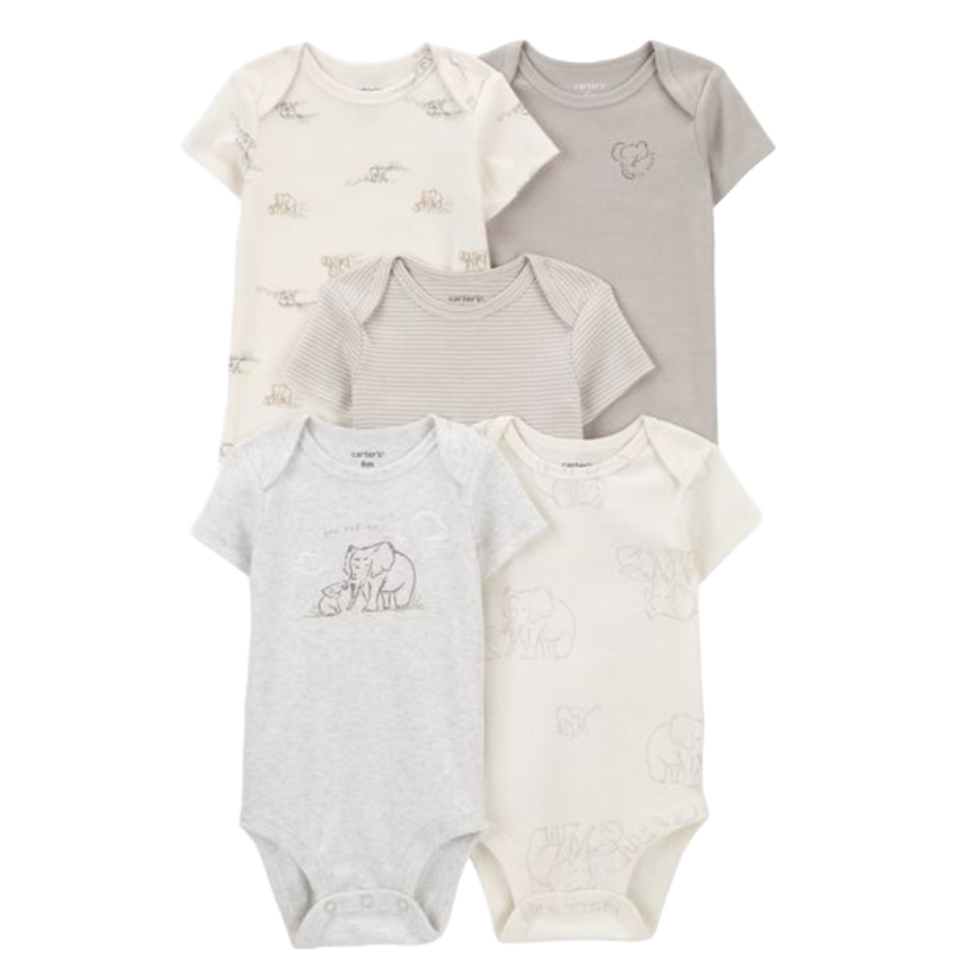 Pack of five baby onesies in neutral colors featuring elephant designs and stripes. They include short sleeves and bottom snaps for convenience.