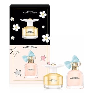Marc Jacobs fragrance set features Daisy and Perfect perfumes. Daisy has a flower-themed bottle, while Perfect has a bow accent.