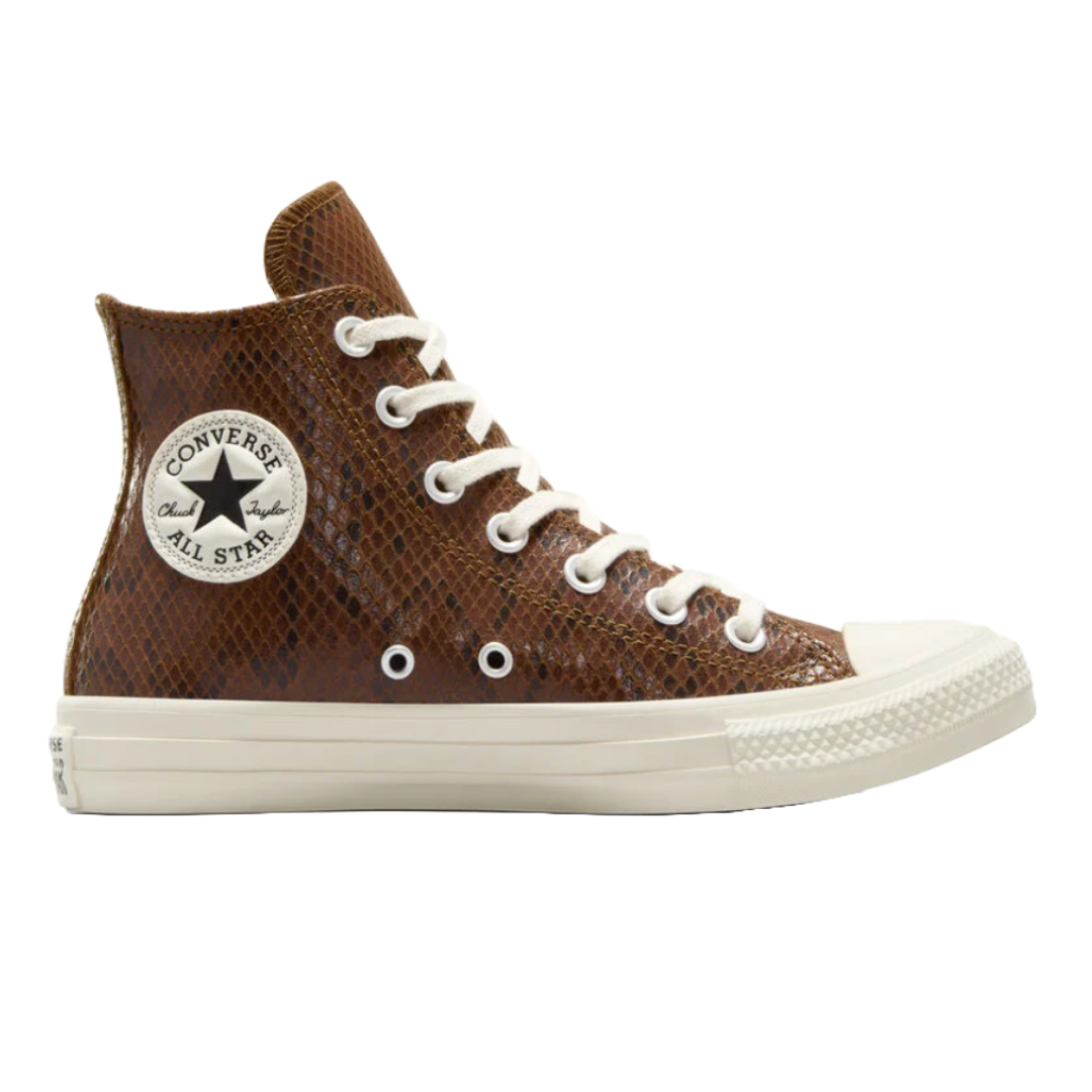 Converse Chuck Taylor All Star high-top sneakers with a brown snakeskin pattern, featuring the classic white rubber sole, white laces, and the iconic Converse All Star patch on the side.