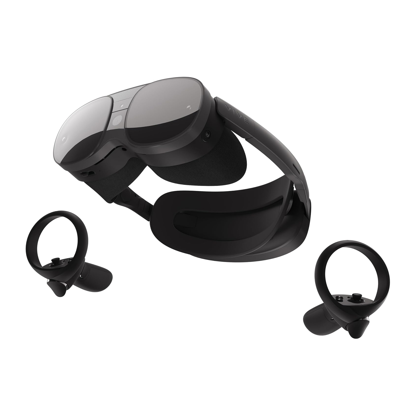 The HTC Vive XR Elite is a sleek black virtual reality headset with an ergonomic design, accompanied by two matching handheld controllers featuring circular tracking rings.