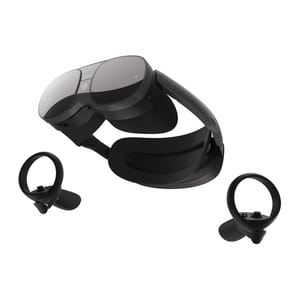 The HTC Vive XR Elite is a sleek black virtual reality headset with an ergonomic design, accompanied by two matching handheld controllers featuring circular tracking rings.