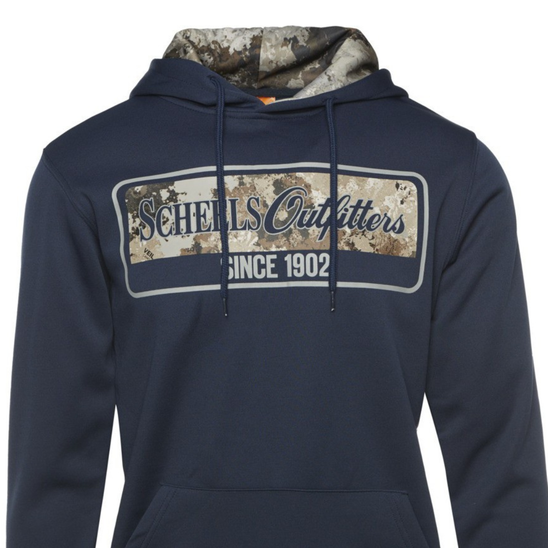 Navy blue hoodie with a camouflage pattern inside the hood and \“SCHEELS Outfitters Since 1902\“ printed on the front.