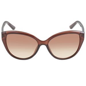 Cat-eye sunglasses with brown gradient lenses and a translucent brown frame.