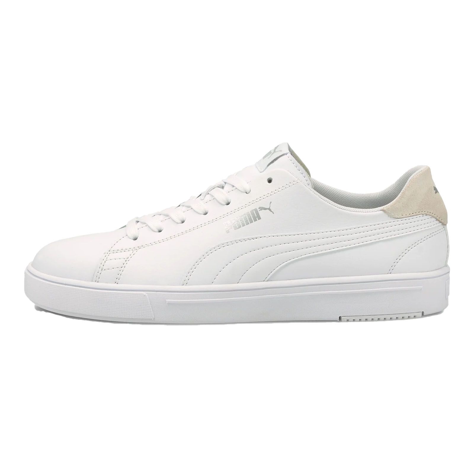 Puma Serve Pro Sneakers are low-top, all-white shoes with a sleek design, featuring the Puma logo on the side and a contrasting suede heel tab.