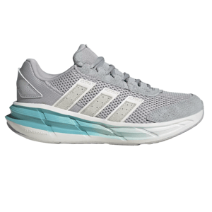 A gray sports shoe with white and light blue accents, featuring a mesh upper and Cloudfoam cushioning.