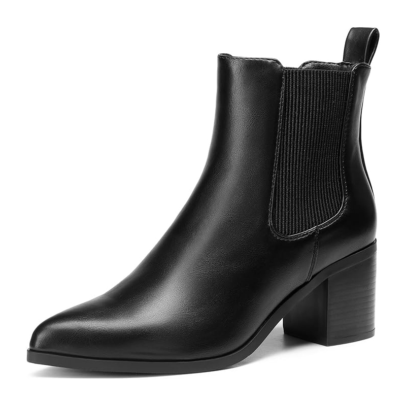 A pair of black leather ankle boots with elastic side panels and a mid-height block heel.