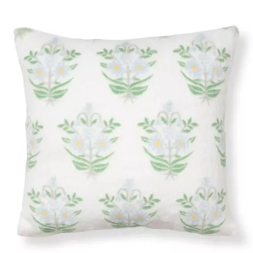 Square cushion featuring a floral pattern with green stems and light-colored flowers on a white background.