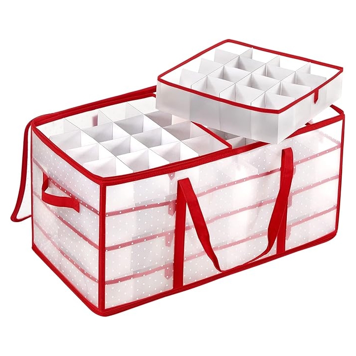 A white and red storage box with grid compartments, ideal for organizing items like ornaments. It features handles for easy carrying and a detachable lid for accessibility.