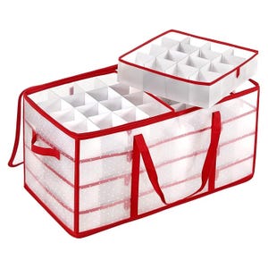 A white and red storage box with grid compartments, ideal for organizing items like ornaments. It features handles for easy carrying and a detachable lid for accessibility.