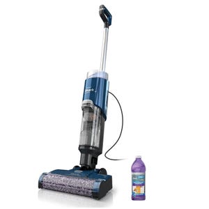 Shark HydroVac 3-in-1 Vacuum, featuring a blue upright design, includes a cleaning solution for vacuuming, mopping, and self-cleaning.