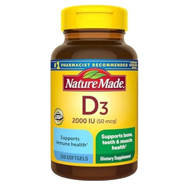 Nature Made Vitamin D3 2000 IU (50 mcg) comes in a bottle containing 250 softgels. It supports immune, bone, teeth, and muscle health, and is marked as pharmacist recommended.