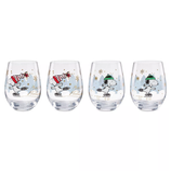 Four holiday-themed stemless wine glasses featuring a cartoon dog ice skating, with two glasses showing red hats and two with green hats, decorated with snowflakes and trees.