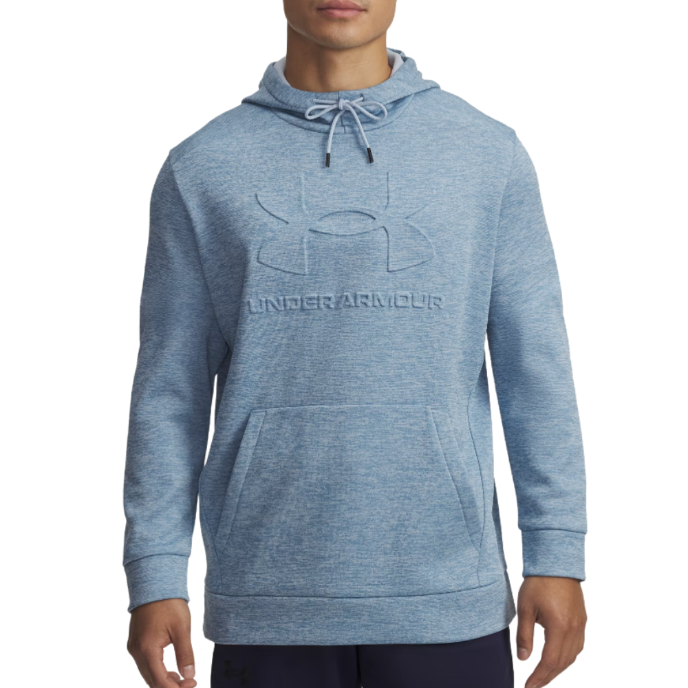 A light blue Under Armour hoodie featuring a large embossed logo on the chest, drawstring hood, and a front kangaroo pocket.