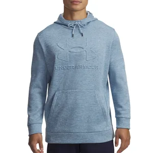 A light blue Under Armour hoodie featuring a large embossed logo on the chest, drawstring hood, and a front kangaroo pocket.