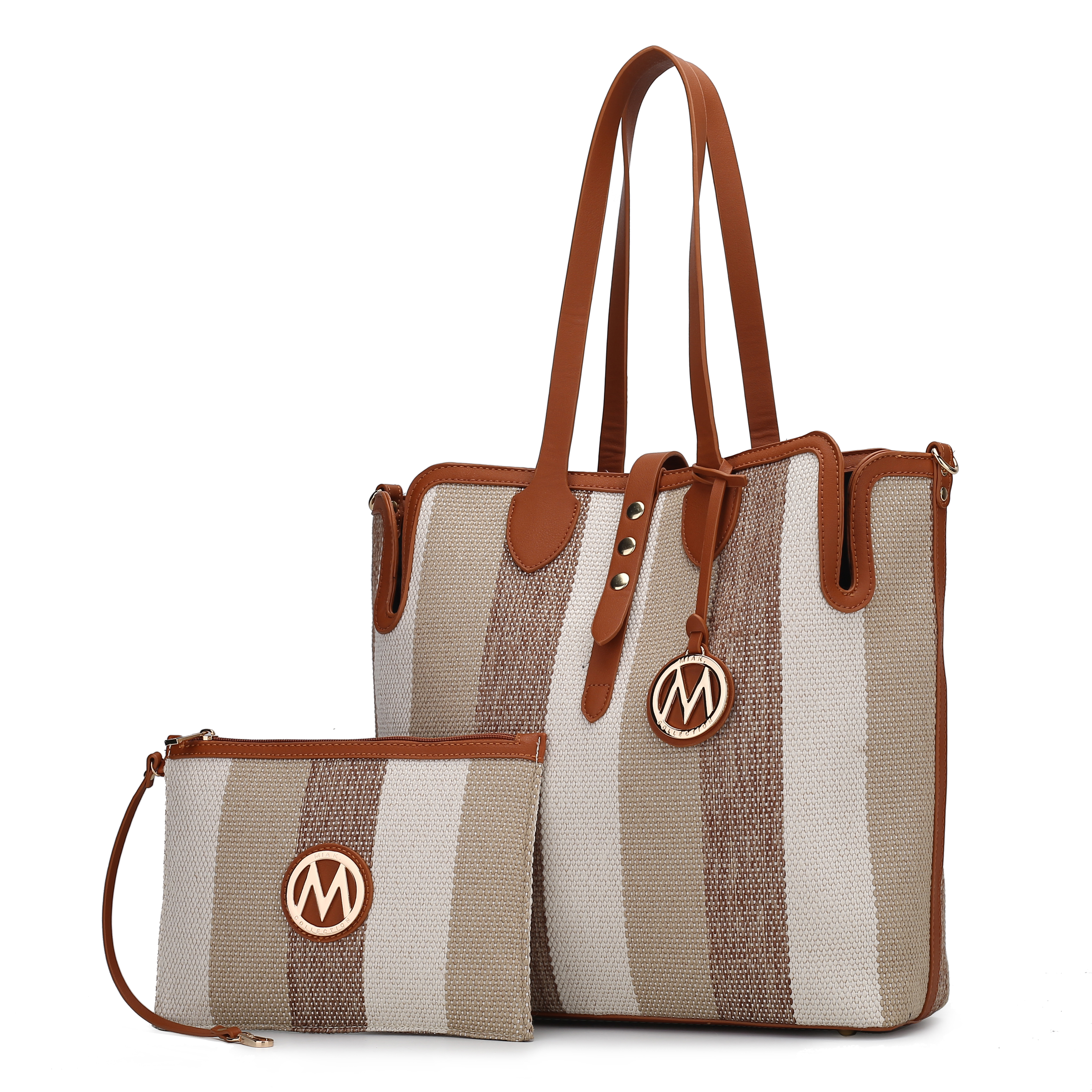 A 2-piece MKF set featuring a large brown and beige striped tote with dual handles and a decorative emblem, paired with a matching wristlet. Both items include leather accents for added style.