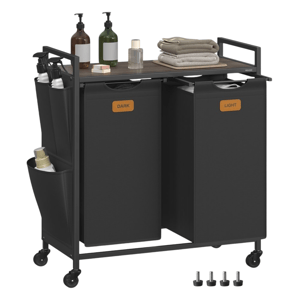 A rolling laundry cart features two labeled compartments for dark and light clothes, a top shelf with folded towels, bottles, and soap, side pockets for supplies, and wheels for mobility.