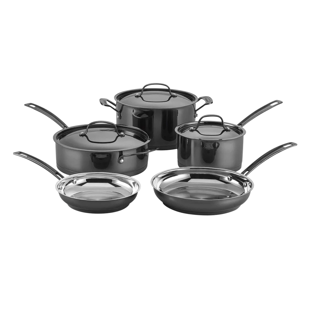 Set of black cookware includes two saucepans with lids, a stockpot with lid, a sauté pan with lid, and two frying pans.