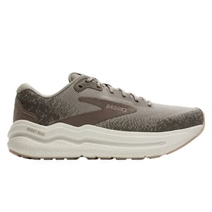 A gray Brooks running shoe with a thick, cushioned sole designed for comfort and support, featuring the brand's logo on the side.