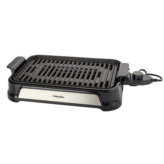 Mueller Smokeless Indoor Grill features a sleek, rectangular design with a black non-stick grilling surface and adjustable temperature control. Equipped with handles on both sides, it's designed for convenient indoor grilling.